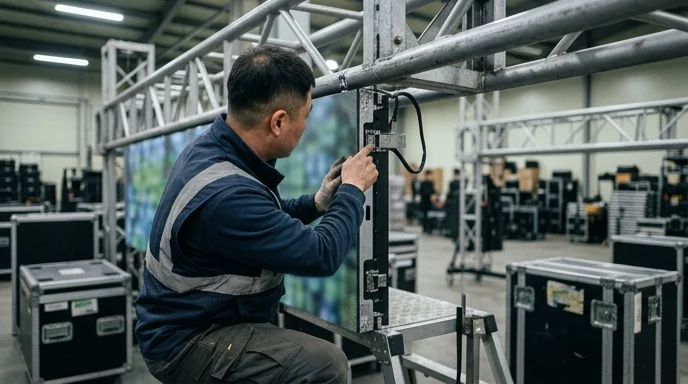 A Korean technician from behind inspecting the interlocking joints of an LED cabinet mounted on a steel truss.