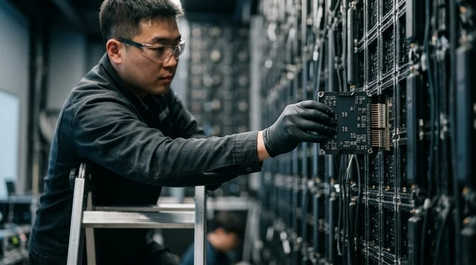 A Korean technician's gloved hands removing an LED module from the front of a large indoor panel.
