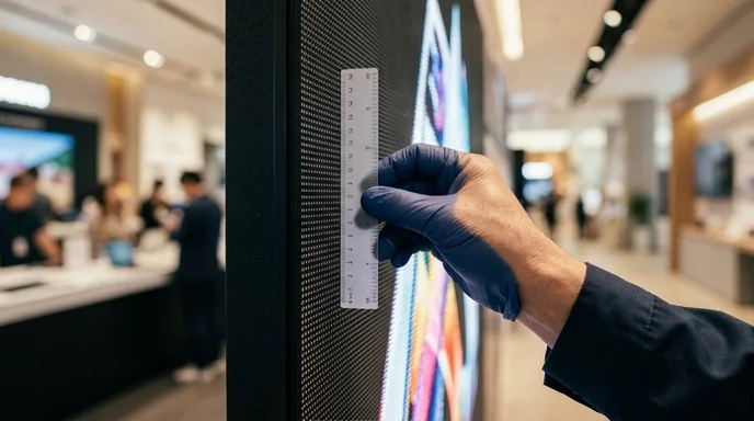 A technician's gloved hand holding a small plastic ruler against an LED module panel.