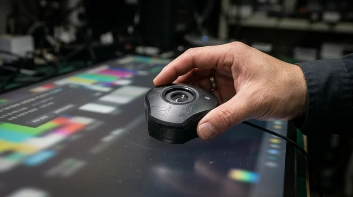 A Korean technician's hand pressing a color calibration sensor against an LED panel.
