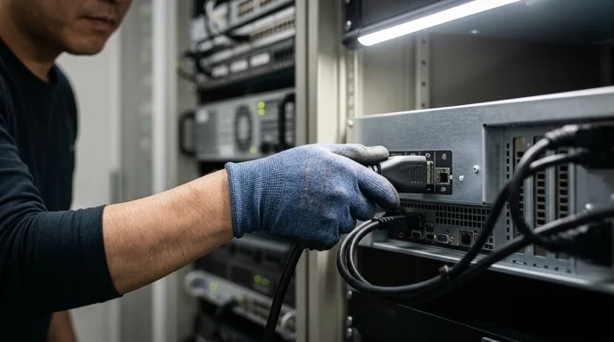 A technician's gloved hand inserting a thick cable into a port on a metal media server rack.