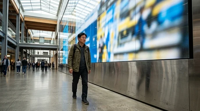 A Korean man walking past a massive digital signage covering the wall in a high-ceiling atrium.