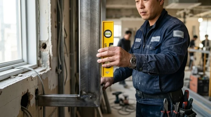 A technician's hand placing a spirit level against a sturdy metal frame.