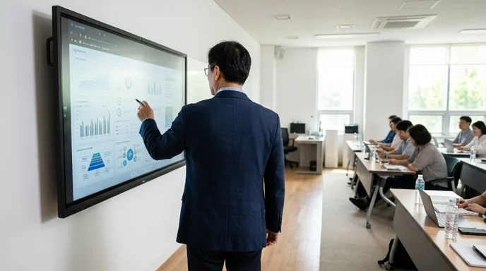 A Korean instructor viewed from behind looking at a large display in a brightly lit modern classroom.