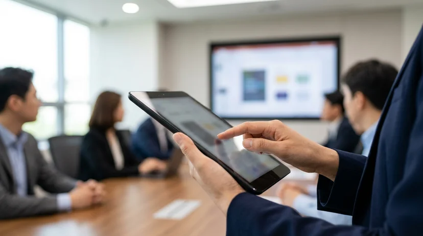 A Korean attendee's hand operating a tablet with a large screen in the background.