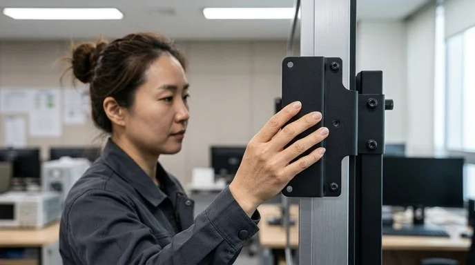 An engineer's hand inspecting the rear mounting bracket attached to a display frame on a mobile stand.
