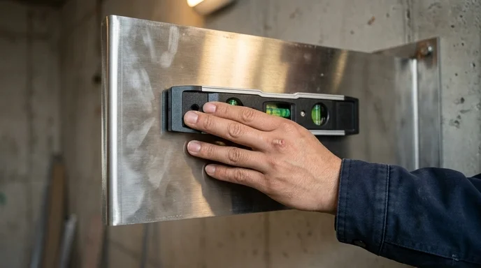 A Korean installer's hand pressing a level gauge against a metal wall bracket.