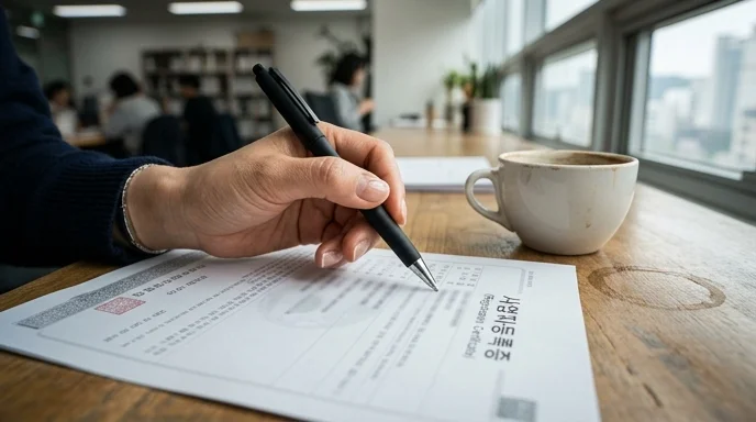 A Korean client's hand pointing at a blurred registration certificate with a pen.