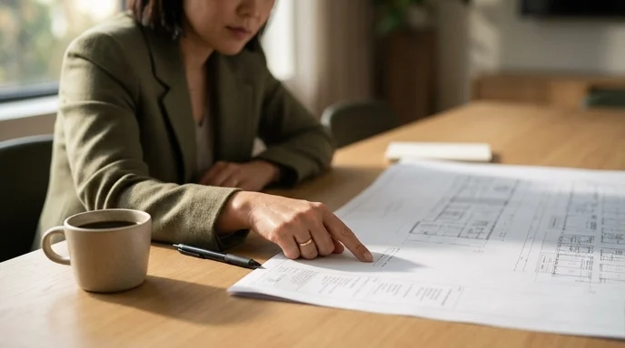 A Korean consultant's hand points at a clean printed layout plan on a wooden meeting table.
