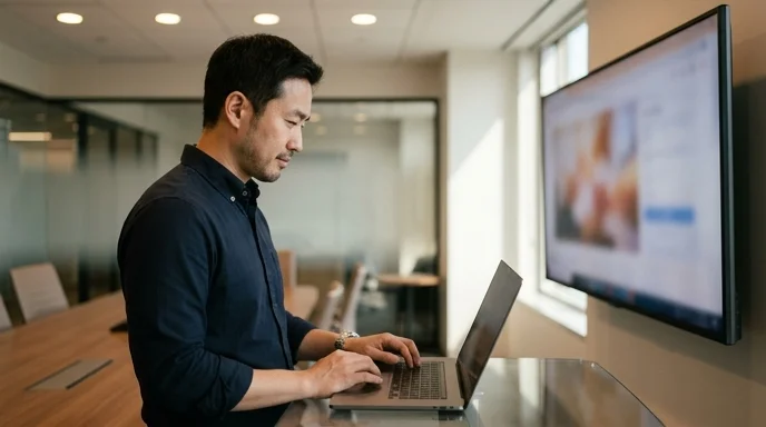 A Korean employee operating a laptop next to a large display in a meeting room.