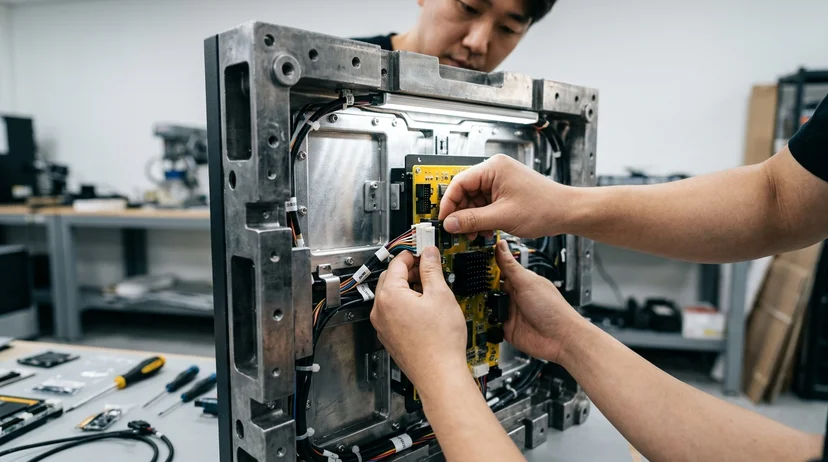 A technician's bare hands connecting an internal component into a thick metal LED cabinet framework.