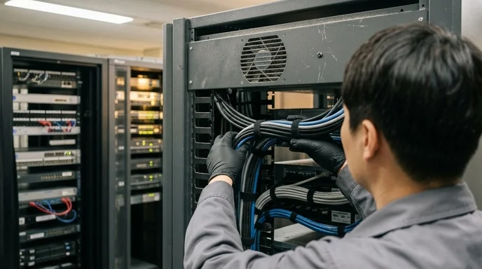 A Korean technician's hands managing cables behind a media server.
