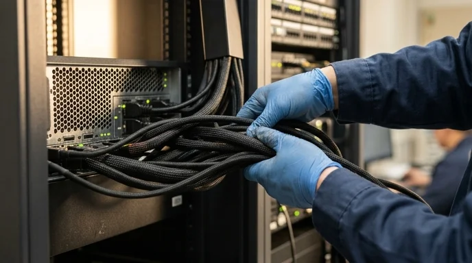 A Korean engineer's gloved hands organizing a thick bundle of power cables behind a media server.