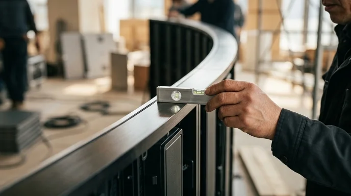 A Korean technician's hand holding a level against a curved screen frame during an installation.