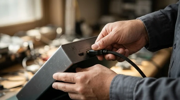 A Korean technician's hands plugging a cable into the rear port of a display controller.