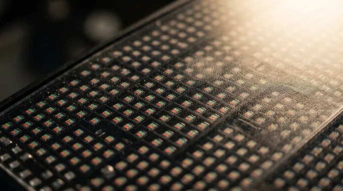 A macro view of an LED display panel surface showing individual pixels and fine dust.