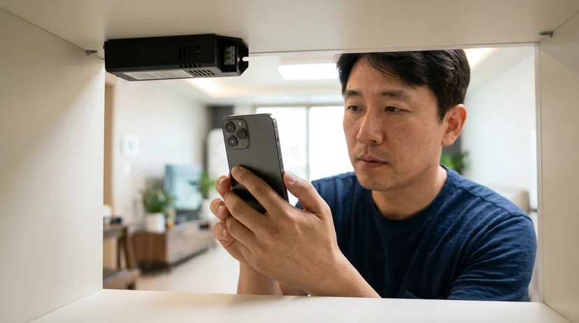 A Korean man's hand holding a smartphone close to an LED cabinet ballast under clean indoor light.