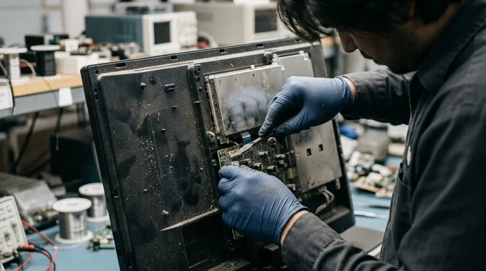 A technician's gloved hands inspect the dusty back panel of a broken monitor.