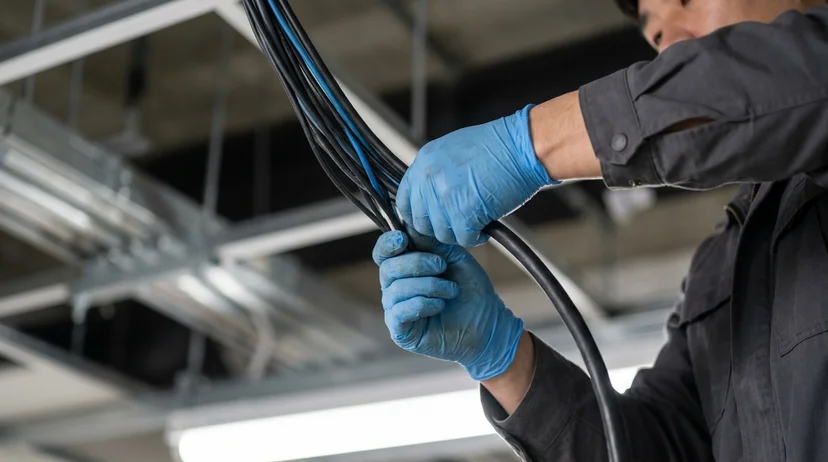 A Korean technician's hands separating a signal cable from a power cable during wiring work.