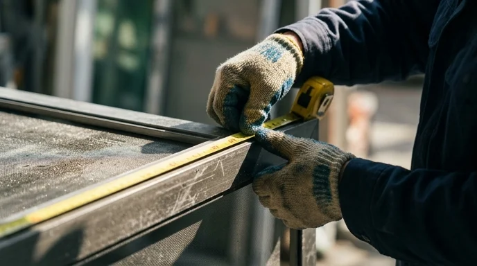 Close-up of a worker's hands measuring the edge of a screen frame with a tape measure.