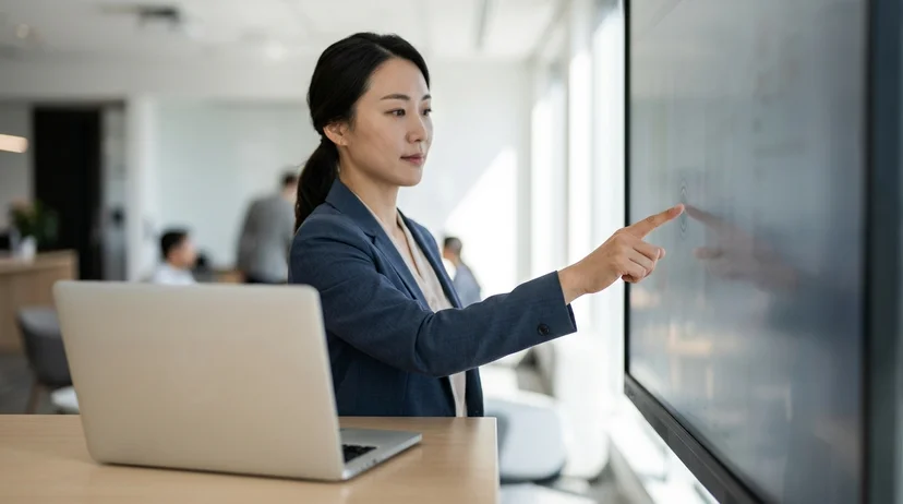 A Korean presenter's finger touching a large display panel with a blurred laptop in the foreground.