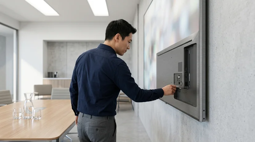 Back view of a Korean man checking a device port on a large display in a bright meeting room.