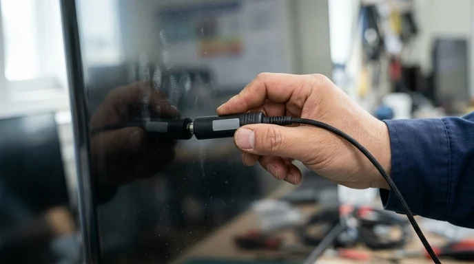 A Korean engineer's hand holding a temperature sensor against the surface of a large screen panel.