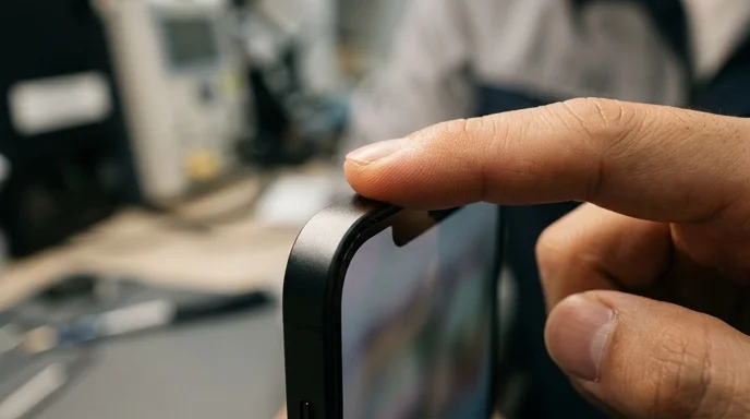 A Korean technician's index finger touching the border of a screen frame.