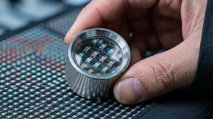 Close-up of a technician's hand inspecting LED pixels with a loupe.