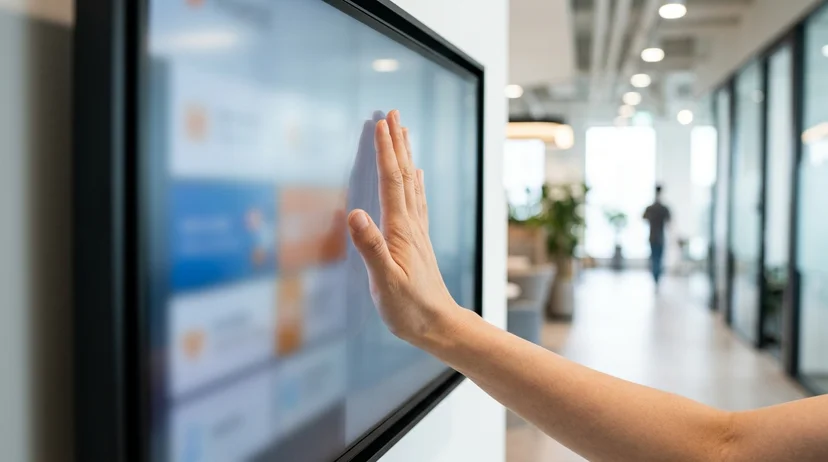 A Korean user's open palm pressing against the flat anti-glare glass of a digital signage screen.