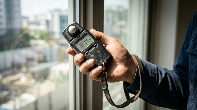 A worker's hand holding a digital light meter near a bright window.