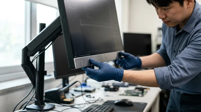 A Korean technician's gloved hands adjusting the lower bezel of a large display.