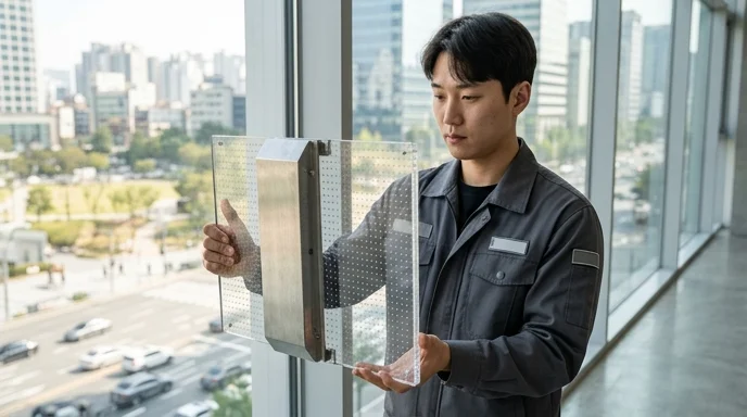 A Korean worker holding a transparent LED cabinet panel against a glass window.