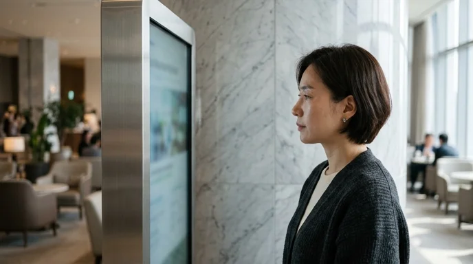 A woman looking at a vertical display beside a polished marble column in a lounge.