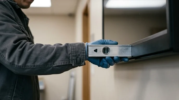 A Korean technician's gloved hand placing a metal level on the bezel of a screen frame to check clearance.