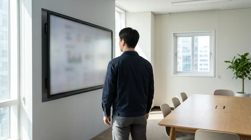 A Korean technician from behind assessing a large display for maintenance in a meeting room.
