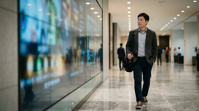 A Korean visitor walking past a large display in an office lobby with the screen out of focus.