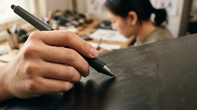 A digital stylus held by a Korean designer's hand against a seamless matte screen.