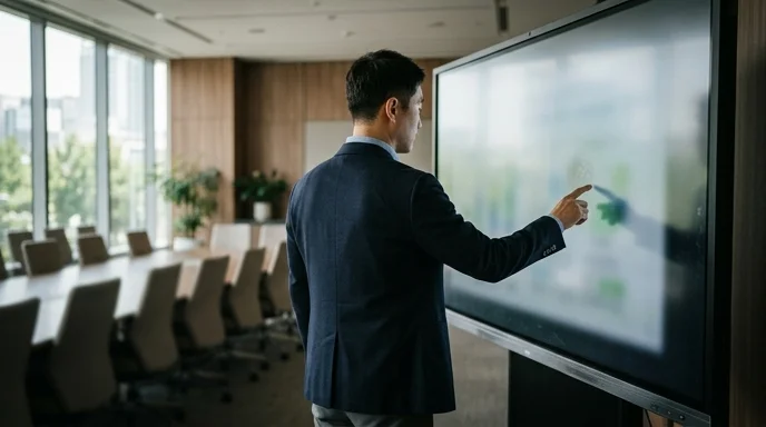 A Korean attendee seen from behind standing in a wide meeting room and gently tapping a large screen.