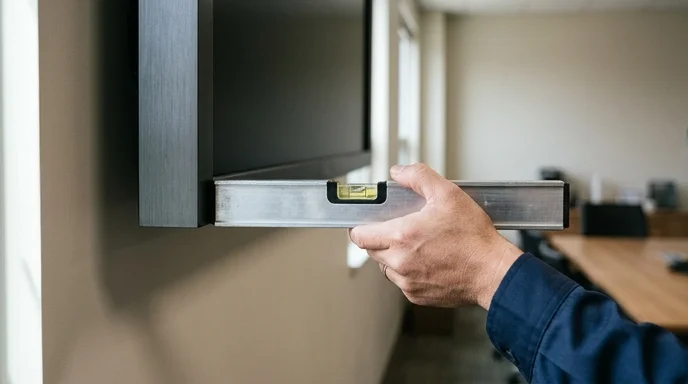 A hand holding a level against a display frame on a meeting room wall.