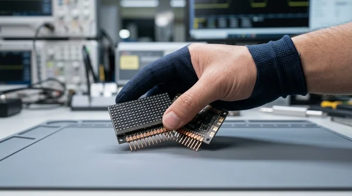 A Korean engineer's gloved hand examining a clean LED display module.
