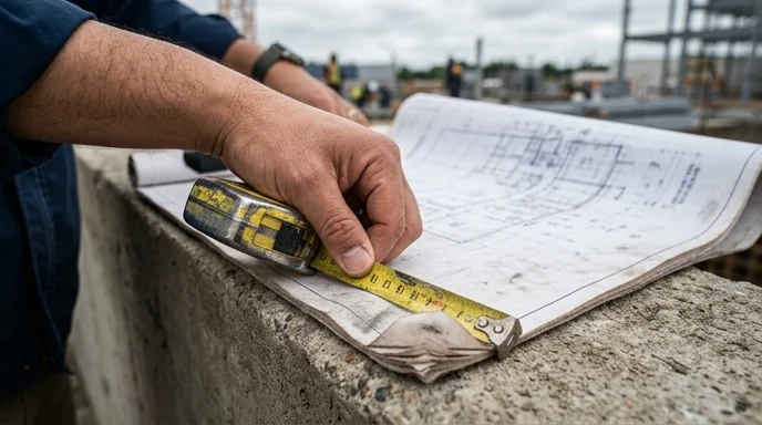 A hand holding a yellow tape measure on the edge of a paper plan on a concrete surface.
