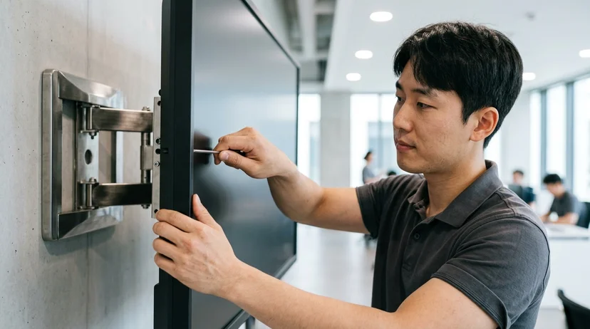 A Korean technician's bare hands adjusting the side mount angle of a large display to reduce reflection.