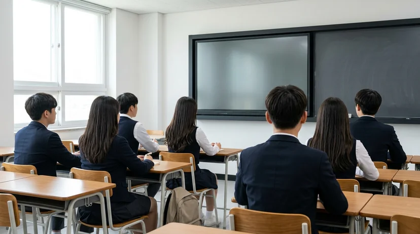 Korean students in their teens viewed from behind looking at a large screen in a bright small classroom.