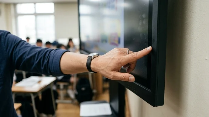 A teacher's hand pointing at the side bezel of a large display in a bright classroom.