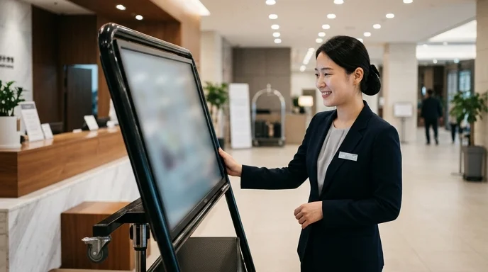 A mobile display stand with wheels next to a reception desk and a Korean receptionist.