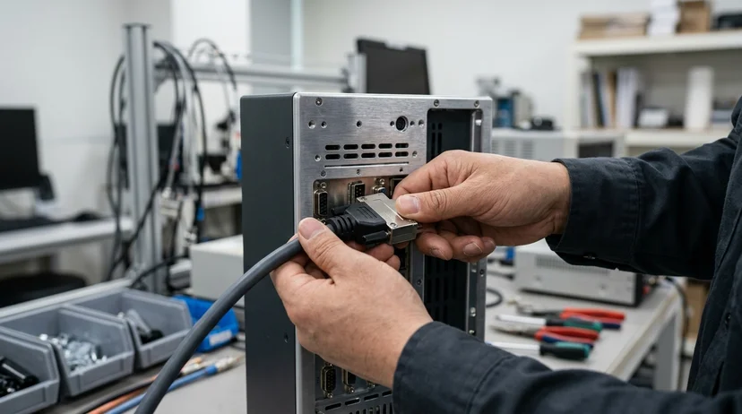 Two bare hands of a Korean technician connecting a cable to an assembled controller port.