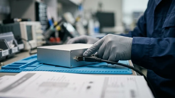 A Korean technician's gloved hand connects a cable to the back port of a controller on a clean anti-static mat.