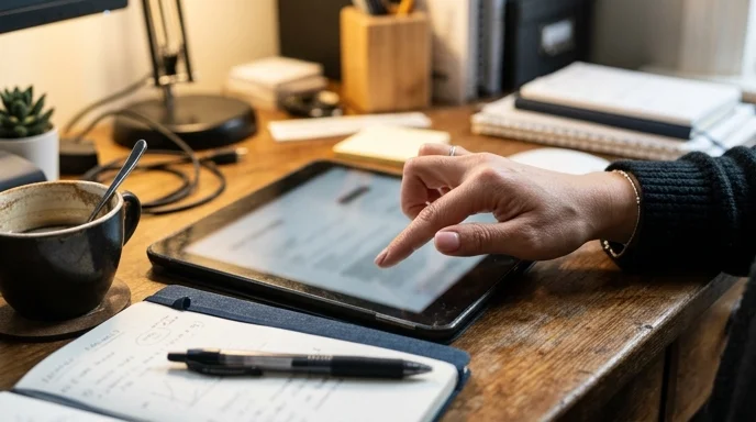 A Korean event planner's hand scrolling through a tablet showing layout plans on a cluttered wooden desk.