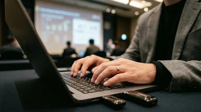 Hands typing on a laptop with a wireless dongle, large display in the background.